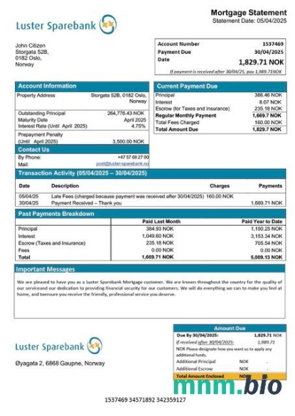 Norwegia Luster Sparebank wyciąg z kredytu hipotecznego szablon Word i PDF